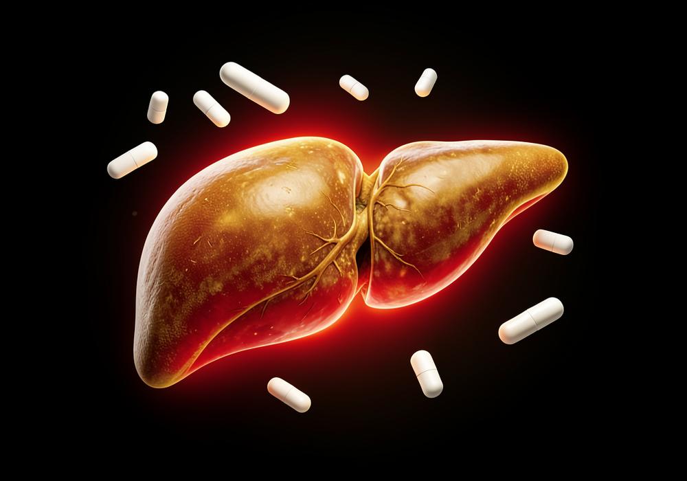 Illustrazione del fegato circondato da farmaci
